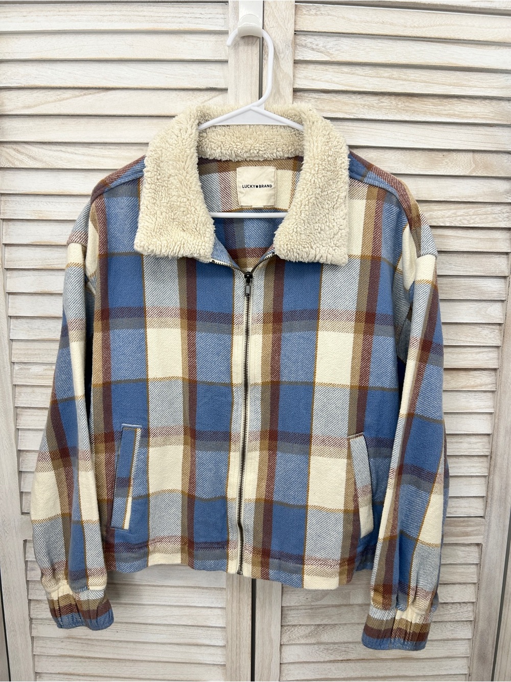 Lucky Brand Blue Plaid Sherpa Collar Zip Jacket Size Medium